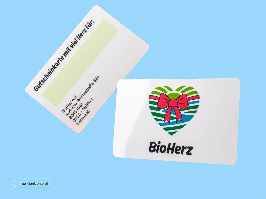 Kundenbeispiel Gutscheinkarte Bioherz aus Bio-PVC